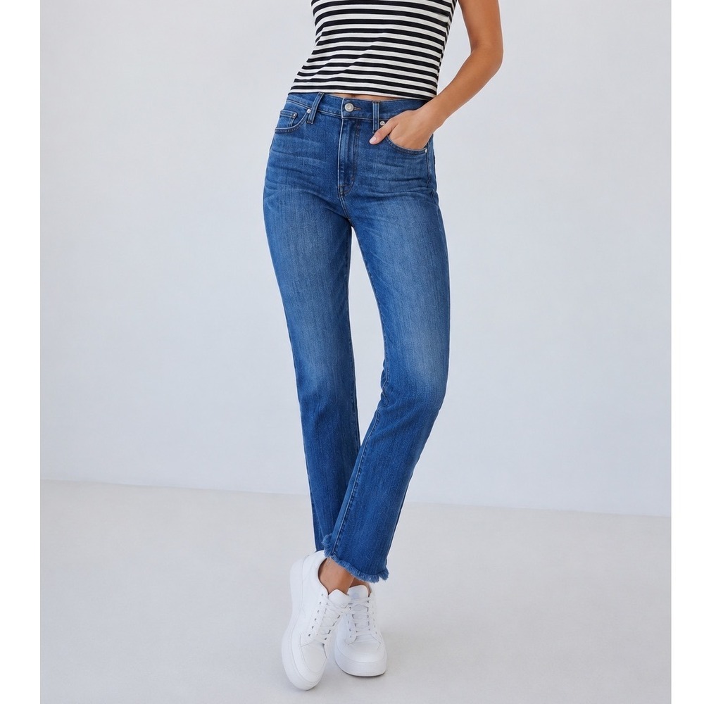 AYR The Pop Crop Straight Leg Jeans Womens 25S Blue Frayed Hem Stretch Denim